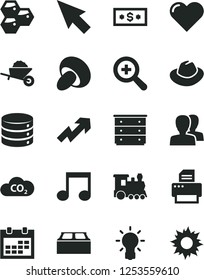 Solid Black Vector Icon Set - calendar vector, zoom, women, hat, growth up, chest of drawers, garden trolley, building block, heart, big data, porcini, honeycombs, CO2, printer, note, cursor, bulb