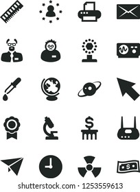 Solid Black Vector Icon Set - wall clock vector, memory, router, printer, mail, cursor, microscope, nuclear, pipette, globe, oscilloscope, scientist, medal, saturn, cup, dollar column, paper plane