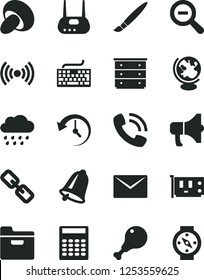 Solid Black Vector Icon Set - tassel vector, keyboard, spectacles, zoom out, chest of drawers, rainy cloud, bell, envelope, folder, megaphone, porcini, chicken leg, phone call, pc card, router