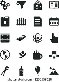 Solid Black Vector Icon Set - chest of drawers vector, measuring bottle for feeding, balloon, adjustable wrench, hedge, index finger, book, cup tea, planet Earth, canister oil, water filter, gears