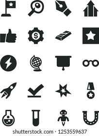 Solid Black Vector Icon Set - thumb up vector, flask, test tube, glasses, globe, artifical insimination, robot, rocket, presentation board, ink pen, bang, electricity, growth arrows, star flag, luck
