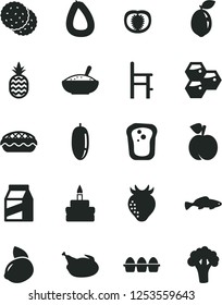 Solid Black Vector Icon Set - a chair for feeding vector, package, stick of sausage, bundle eggs, birthday cake, apple pie, bowl rice porridge, chicken, small fish, pineapple, biscuit, sandwich