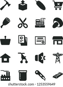 Solid Black Vector Icon Set - scissors vector, sitting stroller, dwelling, stationery knife, hammer with claw, no sound, crossed cart, unpacking, porcini, chicken thigh, cucumber, jam, power pole