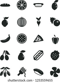 Solid Black Vector Icon Set - loaf vector, piece of pizza, Hot Dog, mini, spaghetti, japanese sushi, blueberries, strawberries, quince, pear, cornels, water melon, goji berry, banana, sour lime