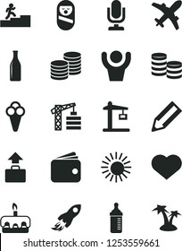 Solid Black Vector Icon Set - heart symbol vector, desktop microphone, measuring bottle for feeding, roly poly doll, tower crane, coins, torte, cone, Construction, Glass, space rocket, pencil, plane