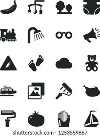 Solid Black Vector Icon Set - paint roller vector, toys over the cradle, nappy, teddy bear, children's tracks, shower, picture, chicken, tomato, fried potato slices, banana, trees, horn, cloud