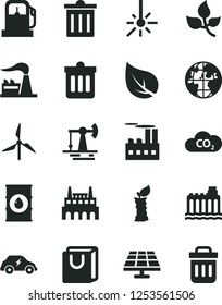 Solid Black Vector Icon Set - bin vector, dust, bag with handles, apple stub, solar panel, working oil derrick, leaves, leaf, gas station, windmill, factory, hydroelectricity, industrial building