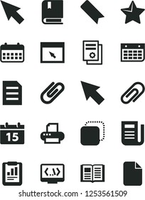 Solid Black Vector Icon Set - clip vector, bookmark, e, calendar, star, book, copy, statistical report, scientific publication, wall, newspaper, printer, browser, coding, cursor, file