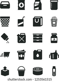 Solid Black Vector Icon Set - wicker pot vector, storage unit, measuring cup for feeding, baby powder, e, bucket, drawer, bag with handles, package, unpacking, canned goods, of popcorn, coffe to go