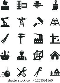 Solid Black Vector Icon Set - house vector, builder, big core, small tools, adjustable wrench, arm saw, new roller, wooden paint brush, ladder, city block, helmet, power pole, industrial building