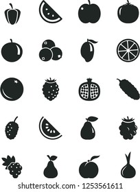 Solid Black Vector Icon Set - cucumber vector, pear, orange slice, ripe peach, apple, half pomegranate, grape, blackberry, tasty raspberry, blueberries, mulberry, of water melon, mango, tangerine
