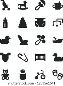 Solid Black Vector Icon Set - baby cot vector, toys over the, mug for feeding, bottle, nappy, powder, Child T shirt, beanbag, rattle, car seat, summer stroller, open pin, rubber duck, duckling