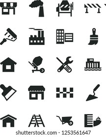 Solid Black Vector Icon Set - dwelling vector, building trolley, trowel, concrete mixer, small tools, paint roller, wooden brush, ladder, city block, ceramic tiles, putty knife, road fence, home