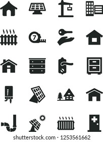 Solid Black Vector Icon Set - house vector, bedside table, chest of drawers, dwelling, long meashuring tape, siphon, door knob, city block, electronic boiler, home, big solar panel, aluminum, sun