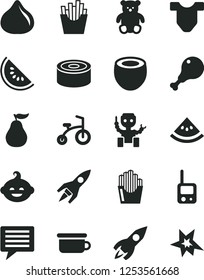 Solid Black Vector Icon Set - image of thought vector, Child T shirt, toy phone, children's potty, small teddy bear, funny hairdo, bicycle, canned goods, chicken leg, French fries, fig, half coconut