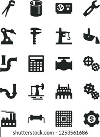 Solid Black Vector Icon Set - gears vector, adjustable wrench, sewerage, working oil derrick, valve, water pipes, industrial building, factory, tower crane, processor, robot welder, steel repair key