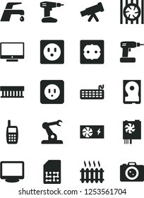 Solid Black Vector Icon Set - cordless drill vector, power socket type b, f, faucet mixer, screen, assembly robot, SIM, cast iron radiator, mobile phone, fan, keyboard, pc supply, monitor, hdd