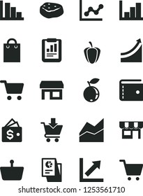 Solid Black Vector Icon Set - purse vector, line chart, graph, growth, negative histogram, positive, put in cart, kiosk, piece of meat, blueberry, ripe pepper, stall, shopping, basket, research, bag