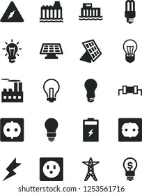 Solid Black Vector Icon Set - incandescent lamp vector, bulb, power socket type f, lightning, charging battery, light, hydroelectric station, hydroelectricity, line, industrial building, mercury