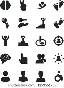 Solid Black Vector Icon Set - woman vector, women, footprints, children's tracks, index finger, man, in sight, brain, artifical insimination, winner podium, stairway, hold world, hands up, flying
