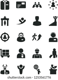 Solid Black Vector Icon Set - cargo trolley vector, builder, pass card, operator, folded shirt, woman, man in sight, conversation, scientist, winner, arrow up, stairway, hold world, with medal
