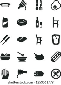 Solid Black Vector Icon Set - plates and spoons vector, a chair for feeding, child, iron fork, sausage, Hot Dog, mini, spaghetti, noodles, lettuce in plate, chicken, chop, barbecue, piece of meat