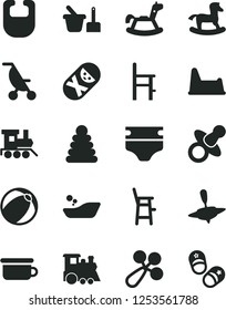 Solid Black Vector Icon Set - dummy vector, diaper, bib, baby rattle, summer stroller, bath ball, children's bathroom, stacking rings, tumbler, toy sand set, potty, chair, a for feeding, child