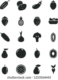 Solid Black Vector Icon Set - lettuce in a plate vector, cucumber, pineapple, pear, raspberry, tasty, mulberry, delicious plum, passion fruit, sweet date, half of, tamarillo, grapefruit, ripe guava
