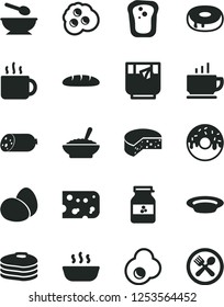 Solid Black Vector Icon Set - deep plate with a spoon vector, coffee, sausage, piece of cheese, eggs, loaf, cake hole, glazed, bowl buckwheat porridge, hot, cup tea, glass, fried egg, omelette, cafe