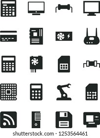 Solid Black Vector Icon Set - floppy disk vector, monitor, bank card, calculator, rss feed, screen, processor, assembly robot, SIM, engineer, pc power supply, tower, motherboard, router, resistor