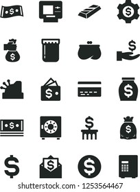 Solid Black Vector Icon Set - bank card vector, strongbox, jam, denomination of the dollar, get a wage, purse, money, dollars, cash, cashbox, gold bar, bag hand, column, gear, wallet, mail, atm
