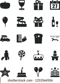 Solid Black Vector Icon Set - daily calendar vector, colored air balloons, balloon, cake, gift, Easter, torte, lollipop, glass, pumpkin, sand castle, wine, car baggage, passenger, hotel, beach