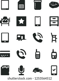 Solid Black Vector Icon Set - desktop microphone vector, bank card, toy mobile phone, a chair for feeding child, concrete mixer, smartphone, nightstand, call, piece of meat, jam, retro car, SIM, sd