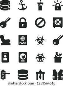 Solid Black Vector Icon Set - prohibition vector, Baby chair, key, door knob, lock, anchor, passport, big data, strongbox, encrypting, biohazard, airport tower, security gate, passort control