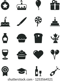 Solid Black Vector Icon Set - tassel vector, colored air balloons, balloon, cake, birthday, heart, gift, square academic hat, Easter, muffin, torte, lollipop, glass, bottle, star cup, medal, wine
