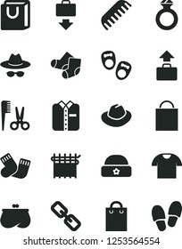 Solid Black Vector Icon Set - paper bag vector, spectacles, hat, with glasses, accessories for a hairstyle, comb, warm socks, Knitted, shoes little children, handles, T shirt, folded, cloth industry