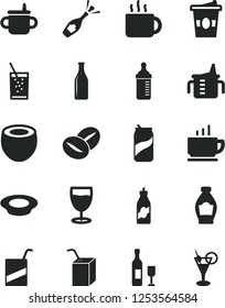Solid Black Vector Icon Set - mug for feeding vector, measuring cup, bottle, e, packing of juice with a straw, coffee, plate milk, beans, tea, coffe to go, glass soda, can, liquor, half coconut
