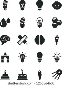 Solid Black Vector Icon Set - matte light bulb vector, children's hairdo, box of bricks, birthday cake, saving, writing accessories, honeycombs, drop, energy, brain, flame torch, first satellite