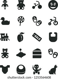 Solid Black Vector Icon Set - bib vector, baby, Child T shirt, rubber duck, teddy bear, small, toy train, yule, bicycle, tricycle, shoes for little children, piece of cake, lollipop, ripe plum, pets