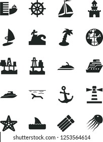 Solid Black Vector Icon Set - anchor vector, sea port, commercial seaport, lighthouse, planet, sand castle, sail boat, hotel, beach, palm tree, starfish, surfing, handwheel, jet ski, cruiser, yacht