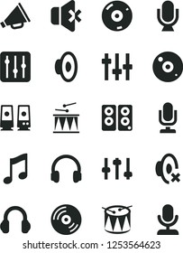 Solid Black Vector Icon Set - desktop microphone vector, horn, loudspeaker, silent mode, drumroll, drum, music, CD, regulator, no sound, headphones, pc speaker, settings