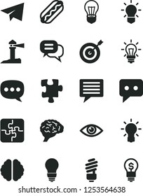 Solid Black Vector Icon Set - image of thought vector, paper airplane, Puzzle, Puzzles, saving light bulb, eye, Hot Dog, coastal lighthouse, think, speech, brain, target, dialog, idea