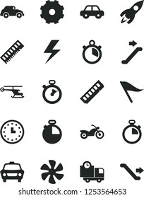 Solid Black Vector Icon Set - truck lorry vector, lightning, stopwatch, wind direction indicator, motor vehicle, timer, car, delivery, marine propeller, retro, rocket, wall watch, memory, helicopter