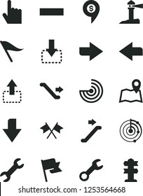 Solid Black Vector Icon Set - downward direction vector, right, left, wind indicator, minus, index finger, flag, move up, down, coastal lighthouse, repair, radar, cross flags, dollar pin, escalator