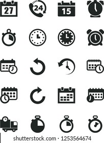 Solid Black Vector Icon Set - daily calendar vector, stopwatch, clock face, alarm, clockwise, counterclockwise, timer, delivery, 24, wall watch, agenda, schedule, history