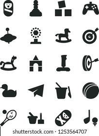 Solid Black Vector Icon Set - paper airplane vector, rubber duck, bath ball, roly poly doll, tumbler, toy sand set, children's, yule, rocking horse, small, cubes for children, box of bricks, cup