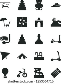 Solid Black Vector Icon Set - stacking rings vector, toy, small teddy bear, box of bricks, child bicycle, Kick scooter, Puzzles, pawn, air balloon, hang glider, tent, beach, arnchair under umbrella