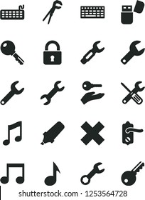 Solid Black Vector Icon Set - repair key vector, cross, small tools, adjustable wrench, door knob, lock, music, steel, text highlighter, keyboard, usb flash, note, arm with