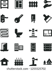 Solid Black Vector Icon Set - chest of drawers vector, dwelling, window, toilet, lay out flat, key, door knob, interroom, city block, putty knife, heating coil, radiator, new, electronic boiler