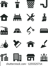 Solid Black Vector Icon Set - house vector, wicker pot, tower crane, dwelling, big core, building trowel, small tools, wooden paint brush, siphon, buildings, brick, putty knife, paving slab, home